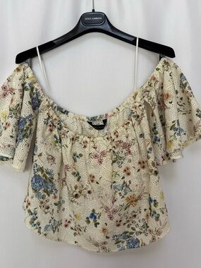 Zara Cream Floral Eyelet Off-Shoulder Top
